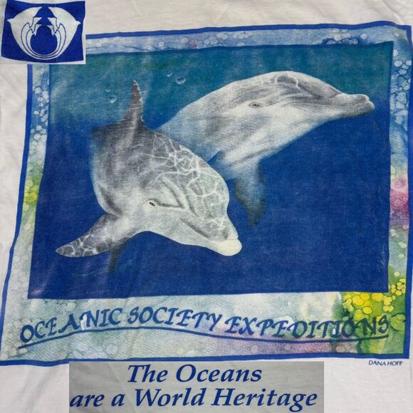 VTG 90s Oceanic Society Dolphin T Shirt L USA Made Single Stitch Graphic Ocean - Picture 1 of 14